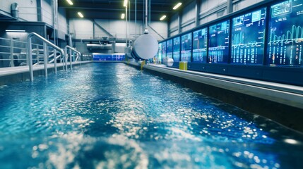 A high-tech water treatment plant with clear blue water being processed and digital monitors displaying water quality data, highlighting the importance of saving and monitoring water.