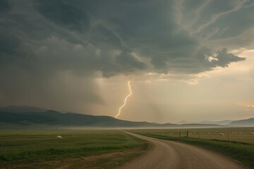 A dramatic lightning strike illuminates the landscape over an open field with a dirt road and sheep in front of distant mountains...