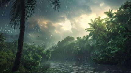 Rainy day in tropical rainforest with palm trees and lake.