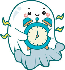 Illustration of cute white ghost icon.
Funny white ghost in activities stickers.
A cute white ghost hugging a blue alarm