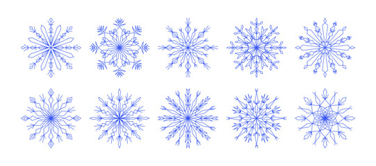 Outline snow flakes for winter design, decor. Blue snowflake icons set, winter vector illustration. Collection line art snowflakes, crystal ornament. Design element for new year, christmas cards.