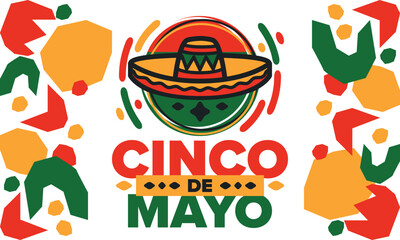 Cinco de Mayo in Mexico. Traditional mexican fiesta in May. National happy holiday with carnival, festival and parade. Latin american and spanish pattern. Illustration with sombrero. Vector poster