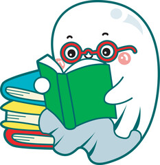 Illustration of cute white ghost icon.
Funny white ghost in activities stickers.
A cute white ghost reading a book and wearing eyeglasses