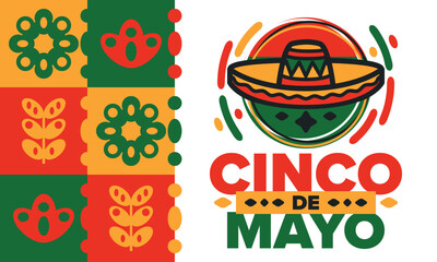 Cinco de Mayo in Mexico. Traditional mexican fiesta in May. National happy holiday with carnival, festival and parade. Latin american and spanish pattern. Illustration with sombrero. Vector poster