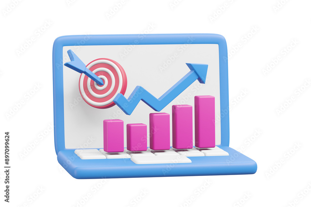 Aufkleber 3d render showcasing a laptop icon, a target with a dart hitting the bullseye, a graph indicating up