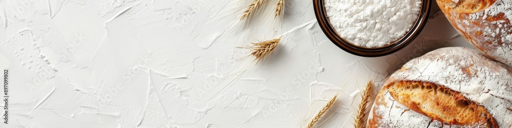 Poster two loaves of fresh wheat bread with flour dusting on a white textured background. generative ai