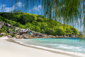 Anse Takamaka scenic tropical sand beach landscape in Mahé island, Seychelles