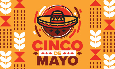 Naklejka premium Cinco de Mayo in Mexico. Traditional mexican fiesta in May. National happy holiday with carnival, festival and parade. Latin american and spanish pattern. Illustration with sombrero. Vector poster