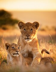 Naklejka premium Young lions playing and jumping in the tall grass. Macro photography of animals