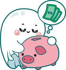 Illustration of cute white ghost icon.
Funny white ghost in activities stickers.
A cute white ghost hugging a piggy bank and think the moneys
