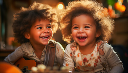 Illustration paint of two adorable children playing home and laughing, playing guitar.
