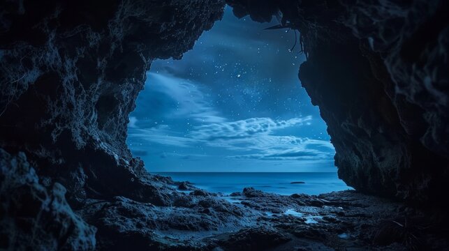 A night seascape with a mystical cave on a rocky shore. Moonlight illuminates the cave entrance, calm ocean, and starry sky, creating a serene, mysterious scene. No ships or people visible. - Powered by Adobe