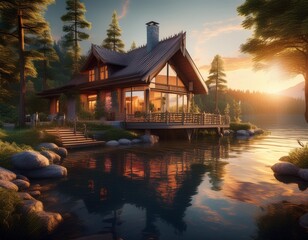 Obraz premium Luxurious wooden cottage by the lake with a beautiful view of the sunset