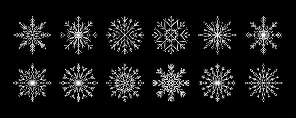 Set of white snowflakes on black background. Snowflake winter design, decor. Winter geometric decorative elements of white cold flakes crystal, snow ornament for New Year's holidays, frostwork icons