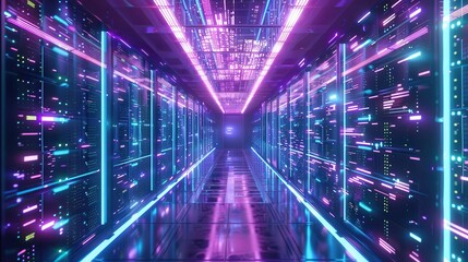 ethereal server room bathed in neon blue and purple light rows of servers extend infinitely creating a dreamlike digital landscape with holographic displays