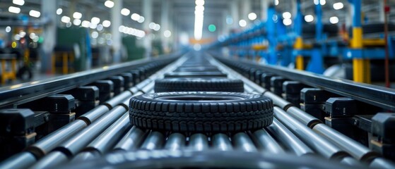 Industrial image of an automotive factory with a conveyor belt moving black tires. machinery and green shelves suggest an organized manufacturing space.