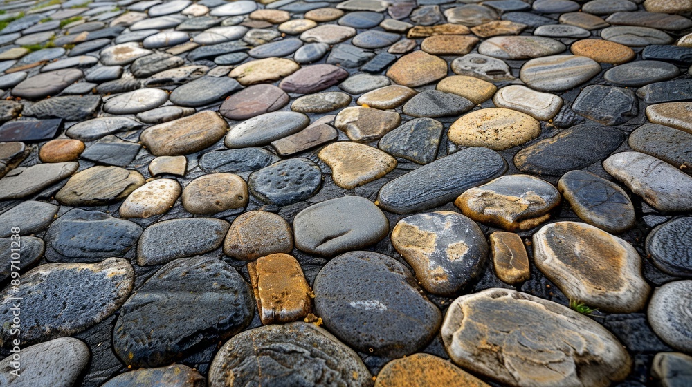 Poster a detailed closeup shot showcasing a beautiful paved stone floor with a unique rock pattern in a ser