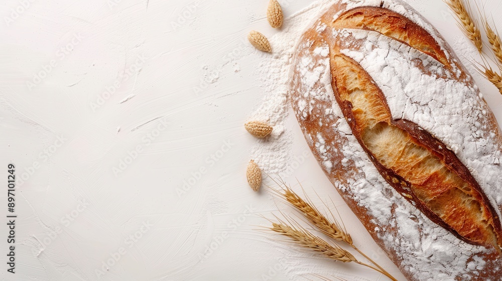 Poster a freshly baked loaf of wheat bread sits on a white background. the bread is dusted with flour and h