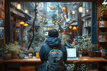 A person engrossed on a laptop in a cozy caf&eacute;, surrounded by warm lighting and potted plants, with an enchanting view of a lantern-lit street outside at dusk, reflecting serenity and focus.