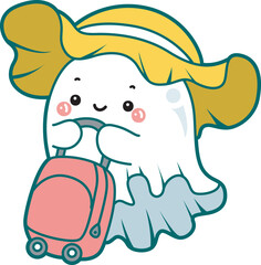 Illustration of cute white ghost icon.
Funny white ghost in activities stickers.
A cute white ghost travelling wearing suitcase and hat.