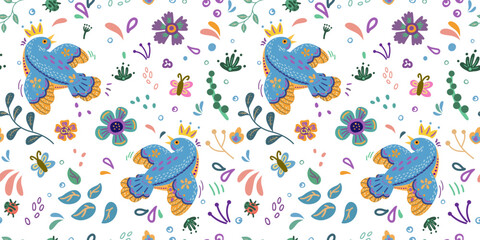 Bird with folk flowers seamless pattern. Vintage ornament print.
