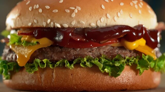 Squeezing Sauce in Hamburger Filmed with Camera Motion.