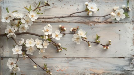 Beautiful white blossoms contrast against a rustic weathered wooden plank surface