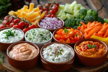 Fresh vegetable platter with dips realistic high detail natural lighting