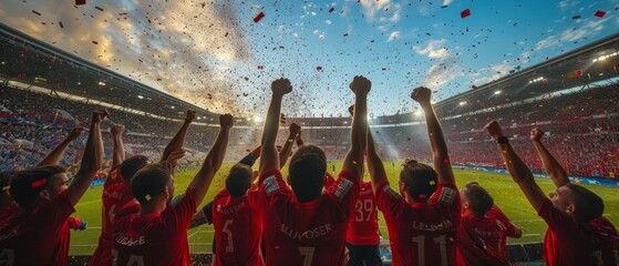 Bright scene in a soccer stadium with fans in red jerseys, who are vigorously celebrating. Decisive moment of the match, crowded stadium, unity and joy of fans.