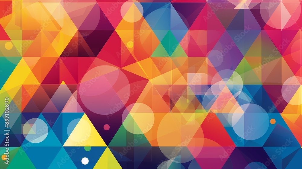 Poster a lively geometric summer background with colorful overlapping triangles and circles, arranged in a 
