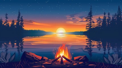 Illustration of Campfire in a meadow with wildflowers and tents nearby