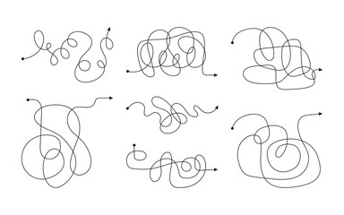 Black chaotic arrows set. Doodle scribble elements. Tangled arrows to create stylish and trendy design or decor, direction indication. Decorative vector arrow isolated on white background.