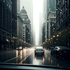view from a car window to an evening city street during the rain with lights from lanterns and glare
