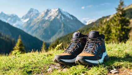 Hiker s boots and the mountain peaks at the background.