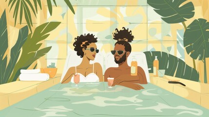 Obraz premium Illustration of Couple enjoying a romantic dinner in a cozy restaurant