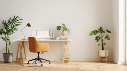 Minimalist Home Office: A serene workspace with a white desk, a comfy orange chair, and a blank computer screen, framed by natural light and lush greenery.