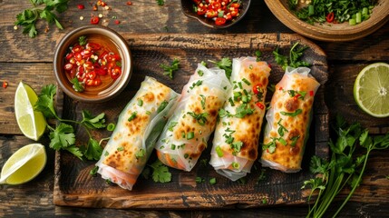 Indulge in the delightful combination of tasty fresh spring rolls served with a flavorful dipping sauce
