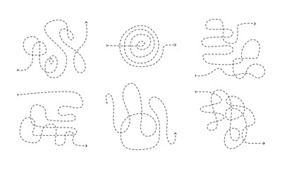 Black chaotic dotted arrow set. Doodle scribble elements. Dashed tangled arrows to create stylish and trendy design or decor, direction indication. Decorative vector arrow isolated on white background