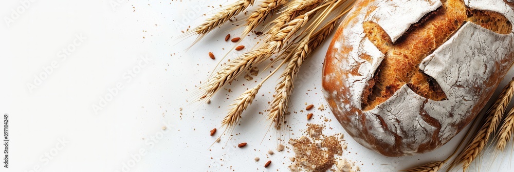 Poster a freshly baked bread loaf, made with wheat flour, sits on a white background. a few golden wheat st