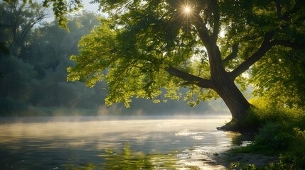 Tranquility in Nature. Serene landscape with a beautiful tree by the river
