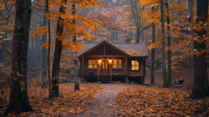 Cozy cabin in the forest amidst colorful autumn leaves, glowing warmly in the evening light, providing a serene and inviting atmosphere.