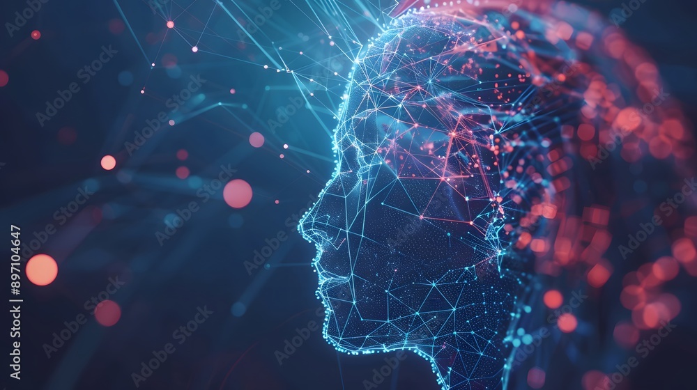 Poster a face made of lines and dots is shown in a blue and red color scheme. the image has a futuristic an