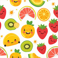 Seamless pattern of cartoony fruits on white background