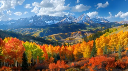 Vibrant Autumn Mountain Panorama. Colorful trees in full fall display