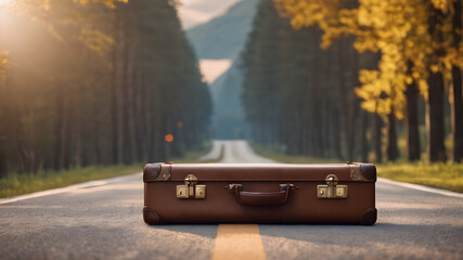 Exploring New Horizons. Yellow Travel Bag on The Road with Straw Hat Against Road and Landscape Views,
