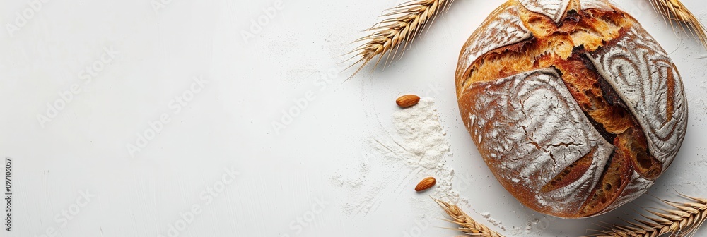 Poster a freshly baked wheat bread loaf sits on a white background, dusted with flour and surrounded by whe