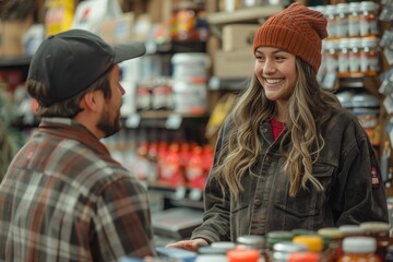 A friendly female cashier, warmly dressed in a beanie and jacket, interacts with a smiling male customer in a well-stocked store, creating a welcoming shopping experience.