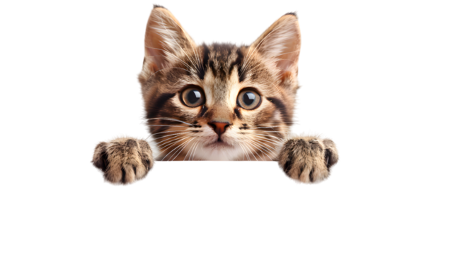 Kitten holding blank banner isolated on transparent background