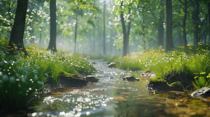 Obraz premium The sunlit woodland stream gently meanders through a lush green forest, creating a picturesque serene setting