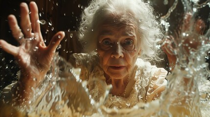 Obraz premium Elderly Woman Reaches Out From Water With Concerned Expression